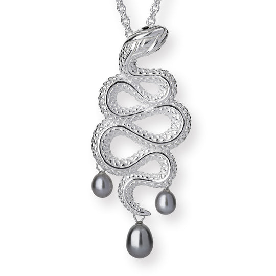 Großer Anhänger Schlange mit Onyx und Süßwasserperle grau