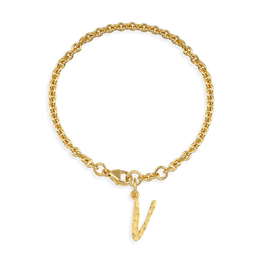 ABC Ankerketten Armband Buchstabe V mit Schnitzstruktur und Karabiner in der Länge 20 cm