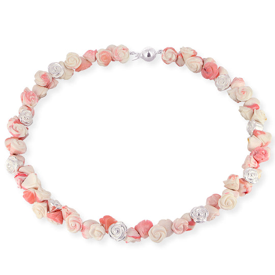 Rosalie Collier aus rosa Koralle mit Silber Rosen in der Länge 45 cm-zarte Farben