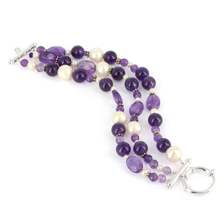 Mix & Match 3 reihiges Amethyst Steinarmband mit silbernen Dekoelementen und Schmuckfederring Länge 20 bis 23 cm