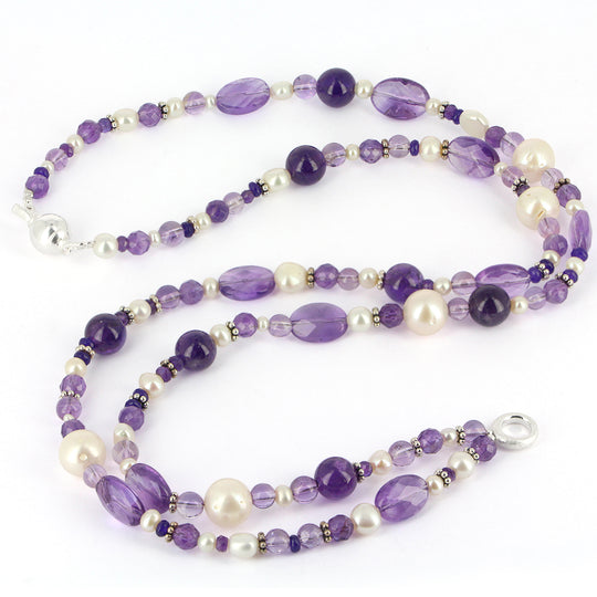 Mix & Match Amethyst Steinkette mit Dekoelementen, Einhängeöse und Tonnenkugelschloss in der Länge 80 cm