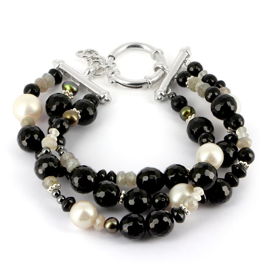 Mix & Match 3 reihiges Onyx Steinarmband mit silbernen Dekoelementen und Schmuckfederring Länge 20 bis 23 cm