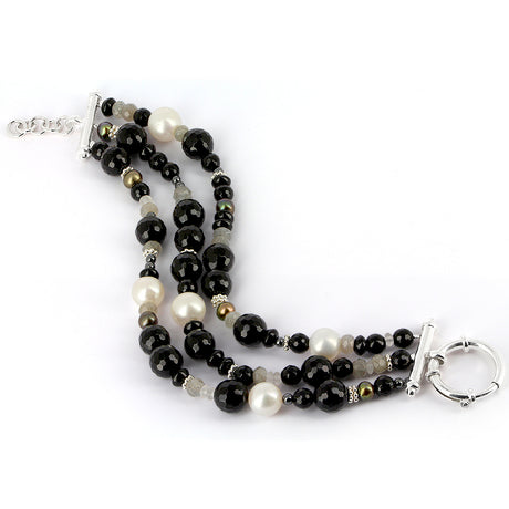 Mix & Match 3 reihiges Onyx Steinarmband mit silbernen Dekoelementen und Schmuckfederring Länge 20 bis 23 cm