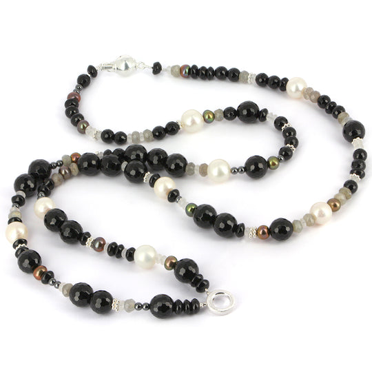 Mix & Match Onyx Steinkette mit Dekoelementen, Einhängeöse und Tonnenkugelschloss in der Länge 80 cm
