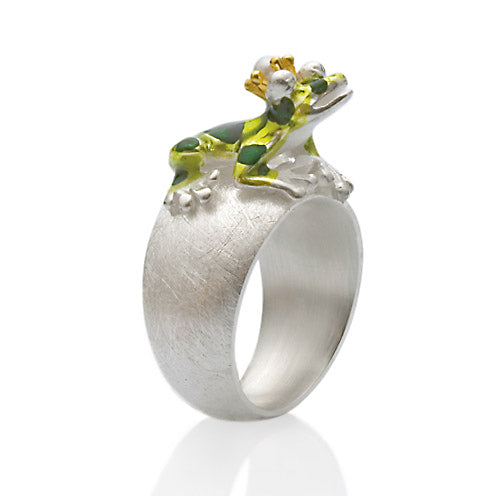 Giftpfeilfroschkönig Frosch Ring aus Silber mit Lack und Perle