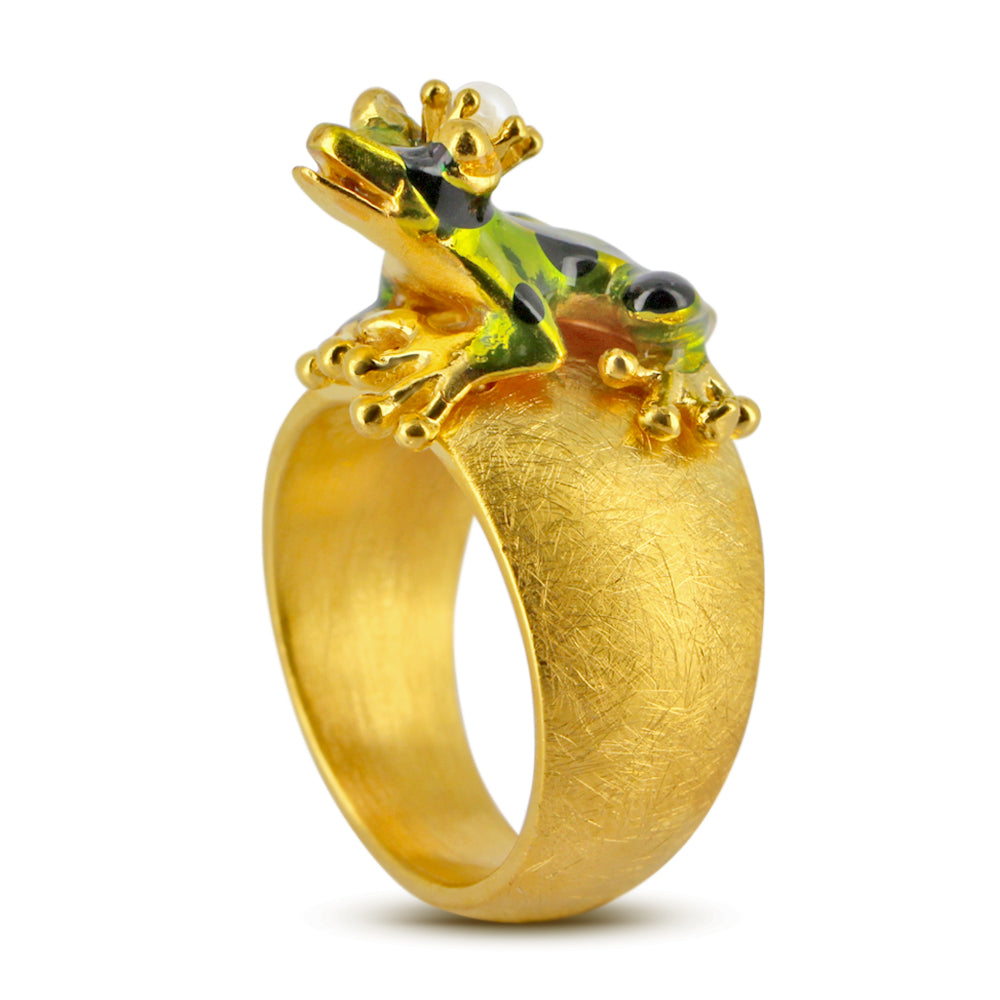 Giftpfeilfroschkönig Frosch Ring aus Silber mit Lack und Perle