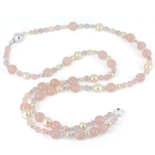 Mix & Match Rosenquarz Steinkette mit Dekoelementen, Einhängeöse und Tonnenkugelschloss in der Länge 80 cm