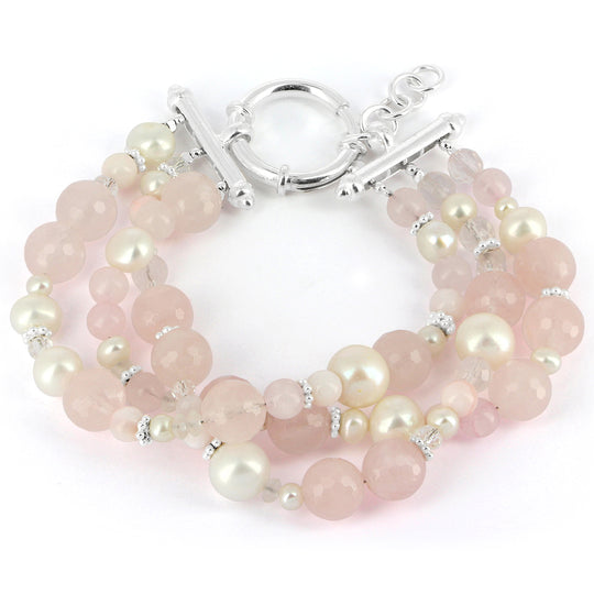 Mix & Match 3 reihiges Rosenquarz Steinarmband mit silbernen Dekoelementen und Schmuckfederring Länge 20 bis 23 cm