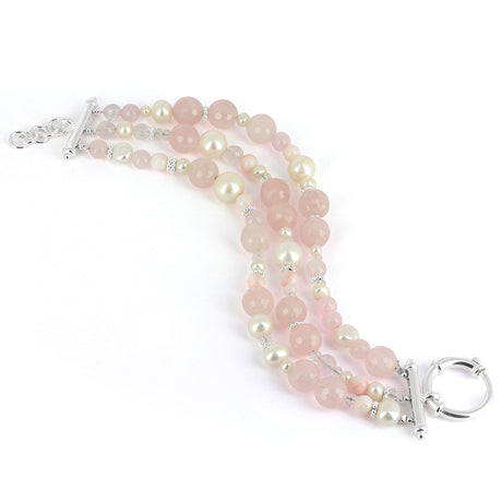Mix & Match 3 reihiges Rosenquarz Steinarmband mit silbernen Dekoelementen und Schmuckfederring Länge 20 bis 23 cm