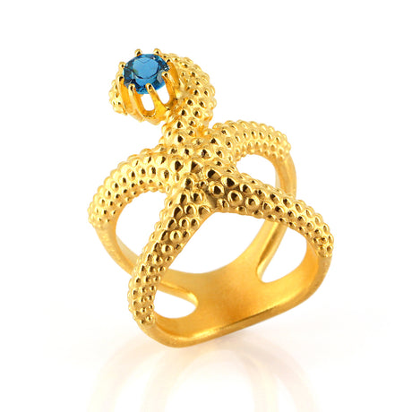 Meeresrauschen großer Seestern Ring  mit London Blue Topas