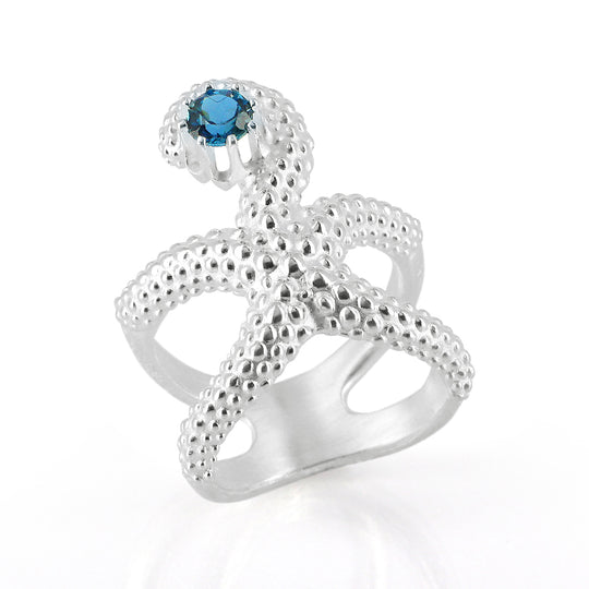 Meeresrauschen großer Seestern Ring  mit London Blue Topas