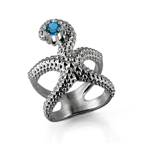 Meeresrauschen großer Seestern Ring  mit London Blue Topas