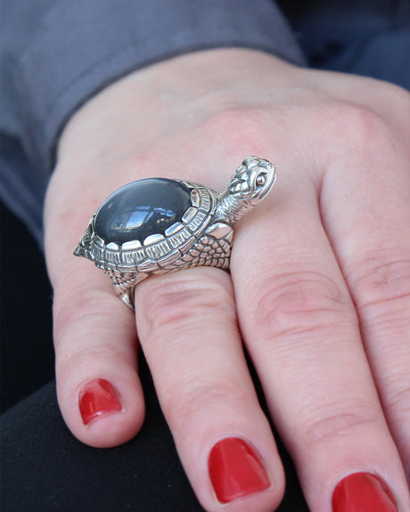 Meeresrauschen großer Turtle Ring mit dunkelgrauem Mondstein