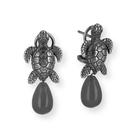 Meeresrauschen kleine Turtle Clipohrstecker mit dunkelgrauer Mondsteinpampel