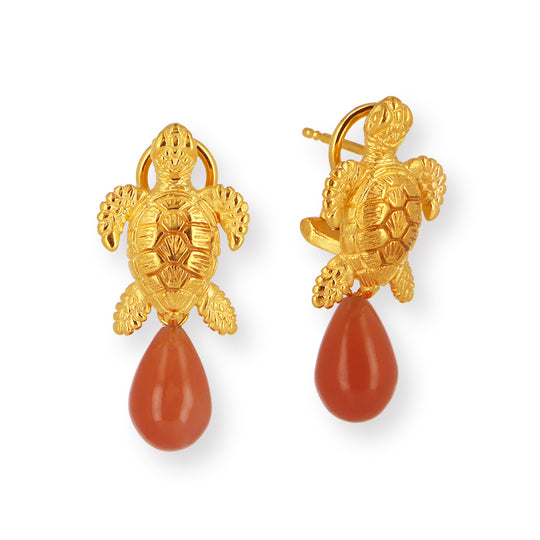 Meeresrauschen kleine Turtle Clipohrstecker mit orangener Mondsteinpampel