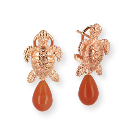Meeresrauschen kleine Turtle Clipohrstecker mit orangener Mondsteinpampel