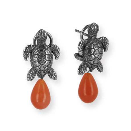 Meeresrauschen kleine Turtle Clipohrstecker mit orangener Mondsteinpampel