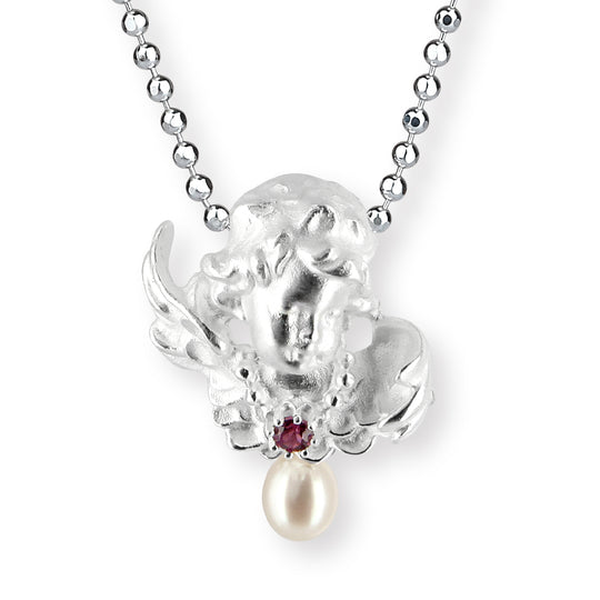 Rafael kleiner Engel Anhänger mit Rhodolith und Süßwasserperle