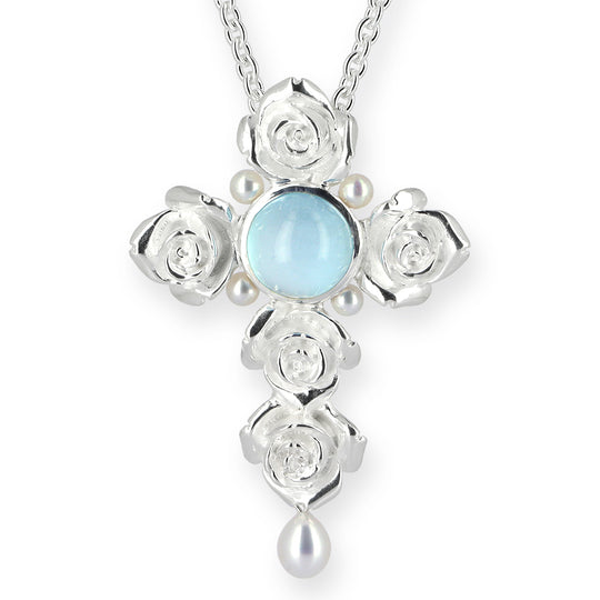 Rosenrot großer Kreuz Anhänger mit Topas Cabochon und Süßwasserperle