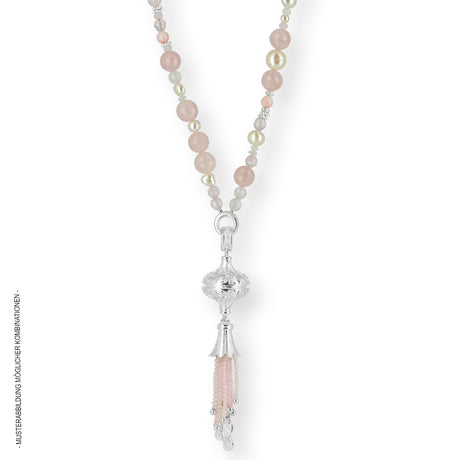 Mix & Match Rosenquarz Steinkette mit Dekoelementen, Einhängeöse und Tonnenkugelschloss in der Länge 80 cm
