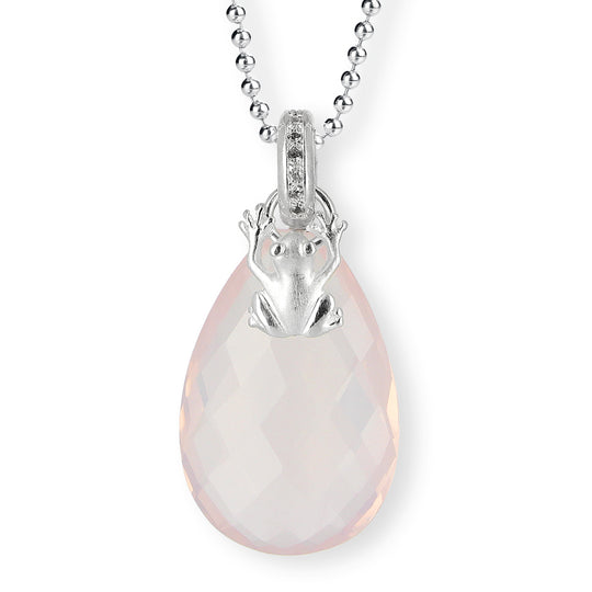 Blubb großer Tropfen Anhänger aus fac. Rosenquarz mit Frosch und Öse mit weißem Saphirpavée
