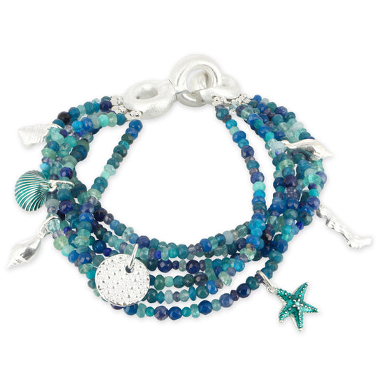 Neptuns Garden, MIX Armband aus Topas Apatit Iolith und Aquamarin mit Muscheln und Knebelverschlus in der Länge 22 cm