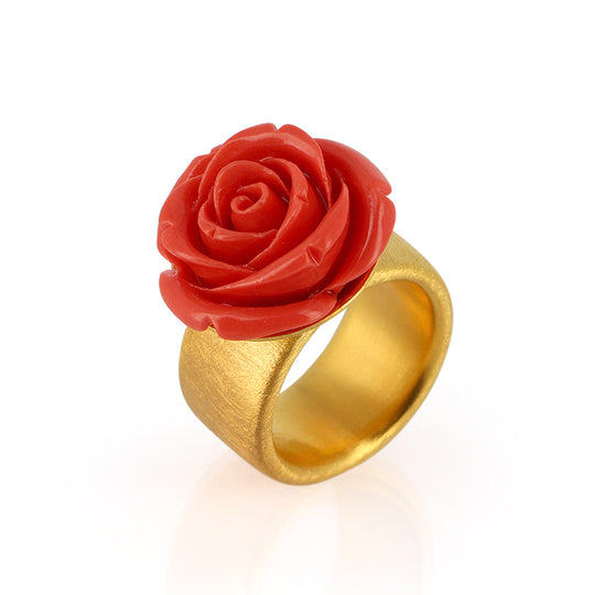 Rosentau großer Ring mit rekonstruierter Koralle