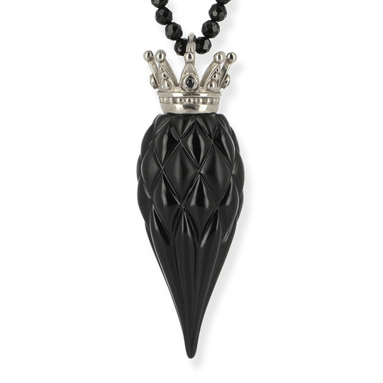 Herrlicher Kronenzapfen aus handgeschliffenem Onyx mit 585 Weißgoldkrone inklusive Onyxkette in der Länge 80 cm - EINZELSTÜCK