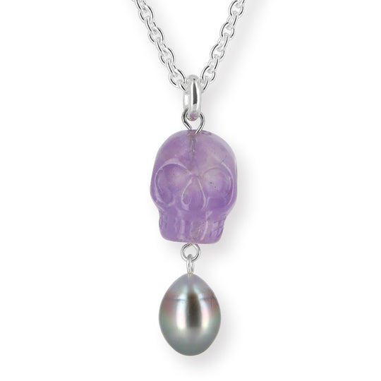 Skull Anhänger aus Amethyst mit Silberöse und Tahitiperle Limited Edition