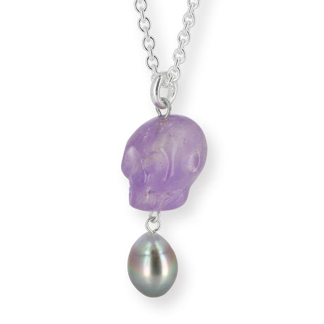 Skull Anhänger aus Amethyst mit Silberöse und Tahitiperle Limited Edition