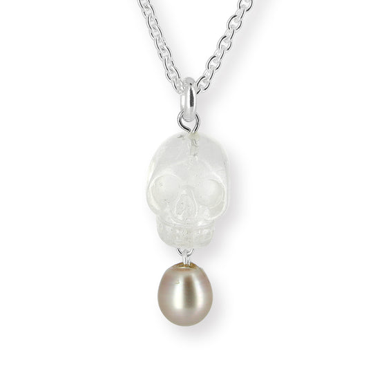 Skull Anhänger aus Bergkristall mit Silberöse und Tahitiperle Limited Edition