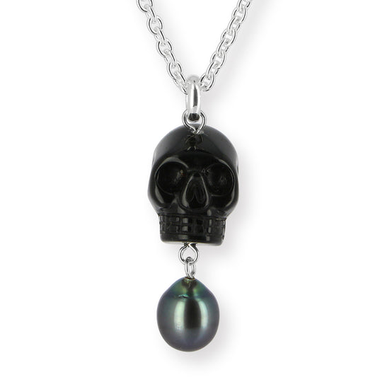 Skull Anhänger aus Onyx mit Silberöse und Tahitiperle Limited Edition