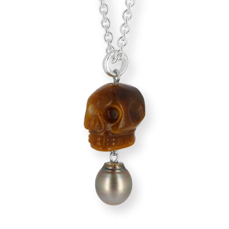Skull Anhänger aus Tigerauge mit Silberöse und Tahitiperle Limited Edition