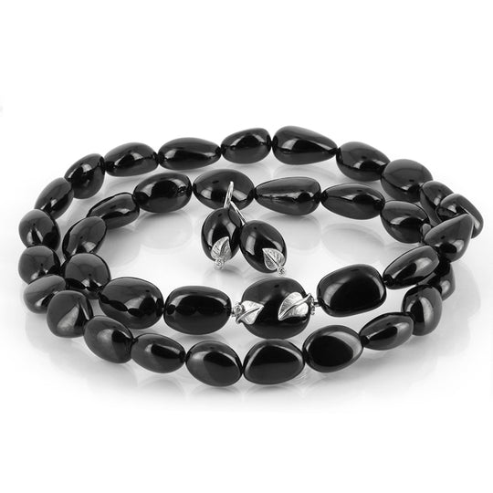 Schwarze Spinellkette mit Wechselschließe und Ohrhängern aus 750 Weißgold mit Brillanten in der Länge 63 cm-EINZELSTÜCK