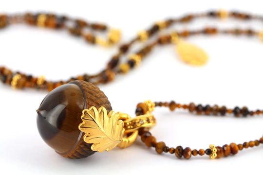 Waldperlchen Wibke Eichel aus Tigerauge inklusive Klappöse mit Citrinpavée und Kette in der Länge 80 cm-EINZELSTÜCK
