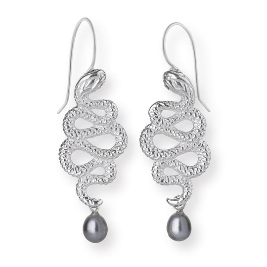 Serpente Ohrhänger Schlange mit Onyx und Süßwasserperle grau