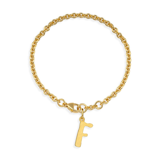 Ankerketten Armband mit Buchstabe F in eismatt mit Karabiner in der Länge 20 cm