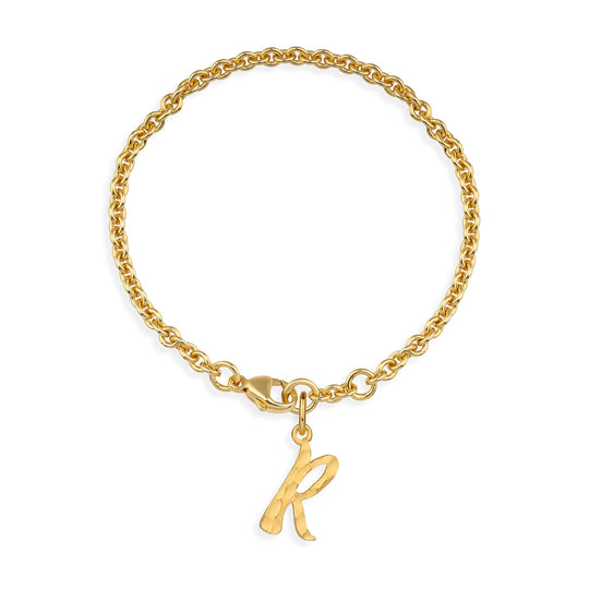 ABC Ankerketten Armband Buchstabe R mit Schnitzstruktur und Karabiner in der Länge 20 cm.