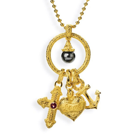 Faith Love & Charity großer Anhänger mit Rhodolith und Tahitiperle inklusive Lederband