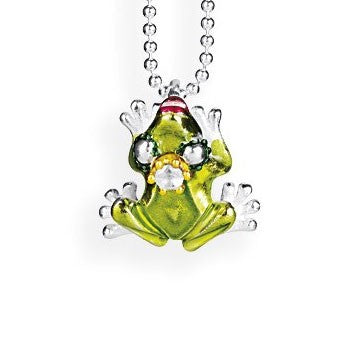 Diva Frog kleiner Anhänger mit grünem Brandlack und weißem Topas