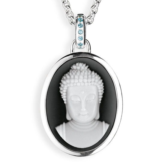 Alles ist Eins großer Anhänger mit Buddha Achatgemme und Klappöse mit Topaspavée