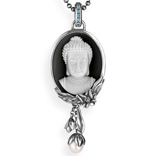 Alles ist Eins großer Anhänger mit Buddha Achatgemme Klappöse mit Topaspavée Lotusranke und Perlpampel