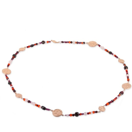 Long, Stein Kette mit Münzen und Tonnenschloss. Länge 80 cm.