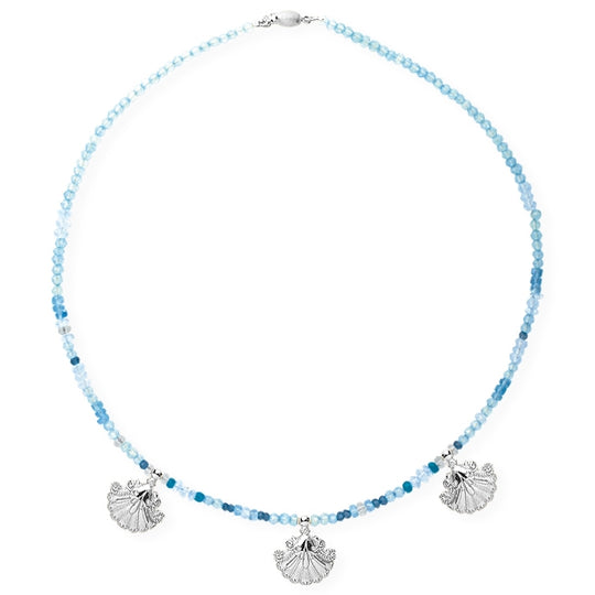 Strandgut Steincollier aus Topas Apatit und Iolith mit drei Muscheln