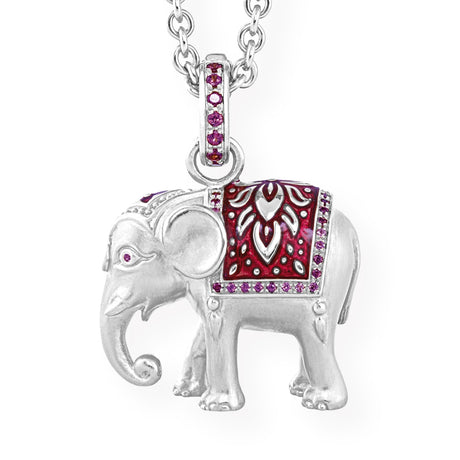 Ganesha großer Elefanten Anhänger mit Klappöse Rhodolithpavée und rotem Brandlack