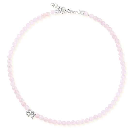 Ganesha Rosenquarz Collier mit einem Elefanten und Karabiner in der Länge 47 cm