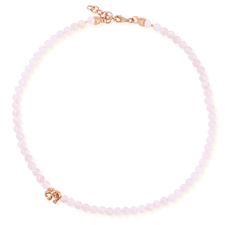 Ganesha Rosenquarz Collier mit einem Elefanten und Karabiner in der Länge 47 cm