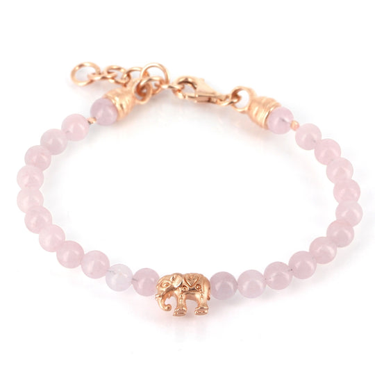 Ganesha Rosenquarz Armband mit einem Elefanten und Karabiner in der Länge 23 cm