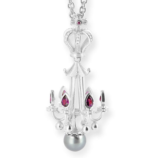 Chandaliery großer Anhänger mit Rhodolithtropfen und Tahitiperle