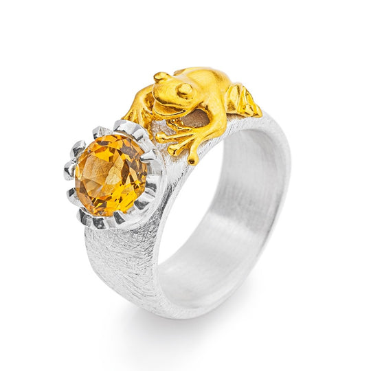Froschkönig mittlerer Ring mit Frosch und facettiertem Citrin